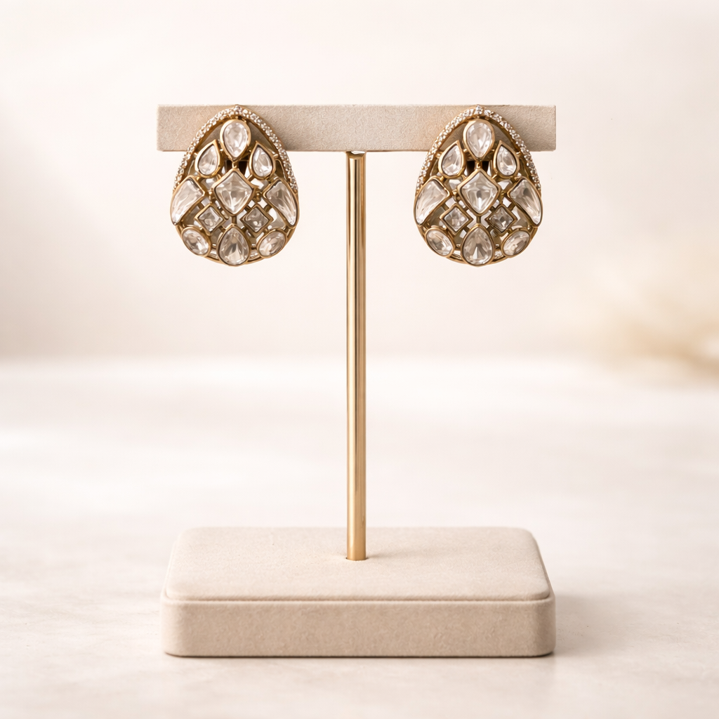 Zeenat Teardrop Polki Stud Earrings | Elegant Gold Kundan Polki Statement Earrings