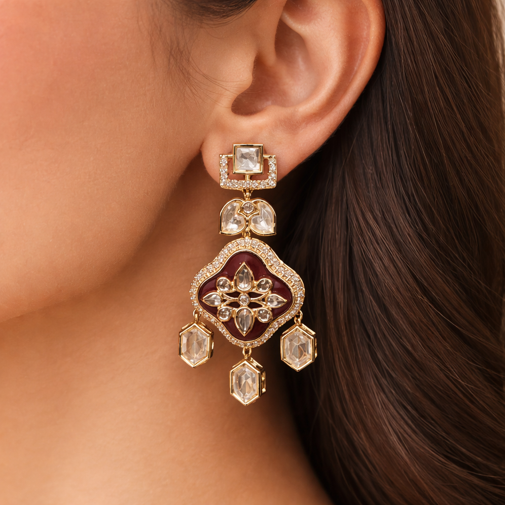 Noorbagh Polki Enamel Drop Earrings | Ruby & Black Mughal Style Earrings