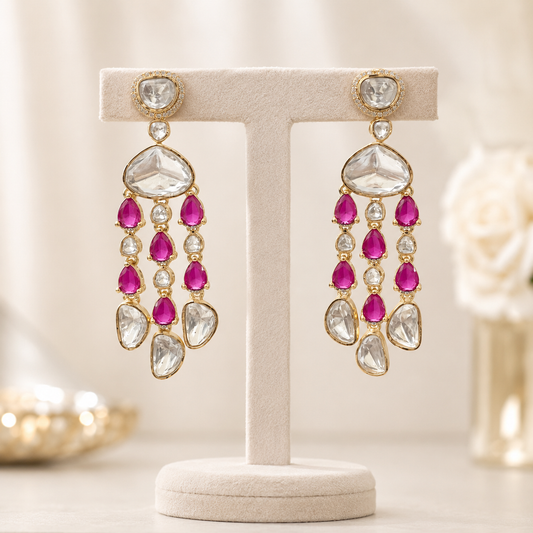 Gulrukh Polki Tassel Earrings with Ruby Pink Stones | Luxury Wedding & Festive Jewellery
