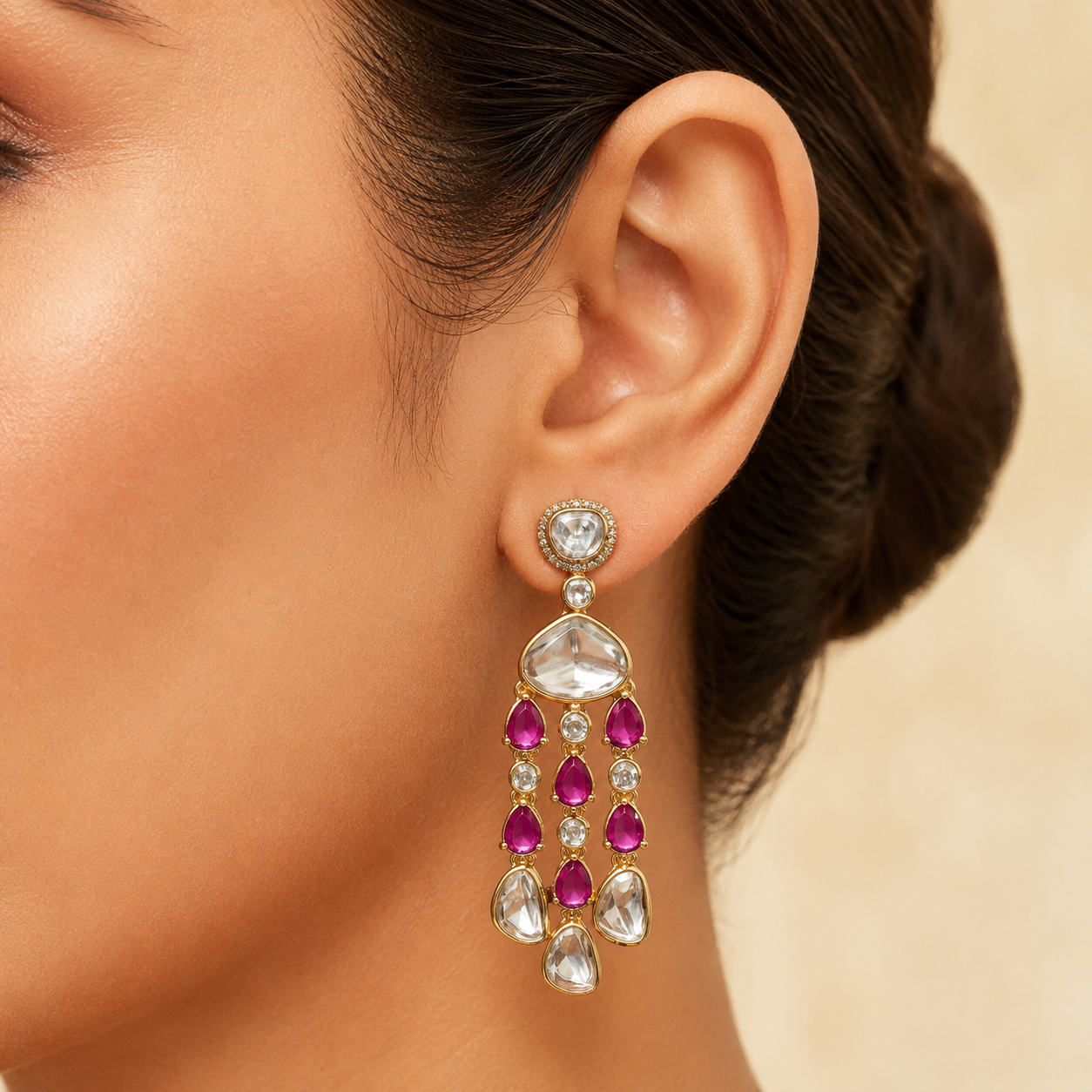 Gulrukh Polki Tassel Earrings with Ruby Pink Stones | Luxury Wedding & Festive Jewellery