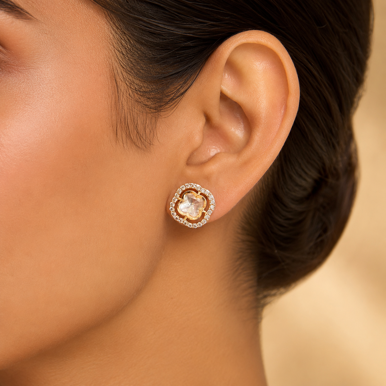 Nooré Clover Polki Stud Earrings | Moissanite Polki Luxury Studs for Women | Atal Jain Designs