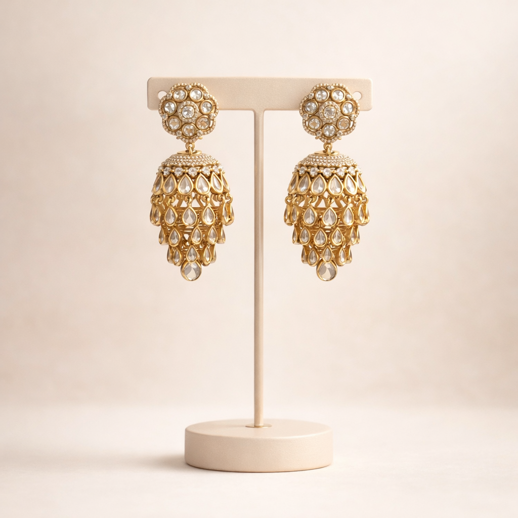 Royal Polki Tiered Jhumka Earrings – Traditional Indian Wedding & Festive Jewelry