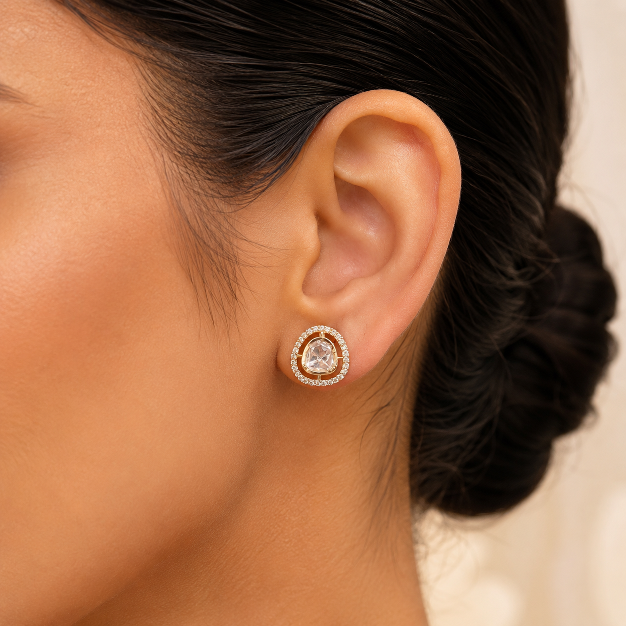 Elowen Halo Polki Stud Earrings | Moissanite Polki Minimal Studs for Women | Atal Jain Designs