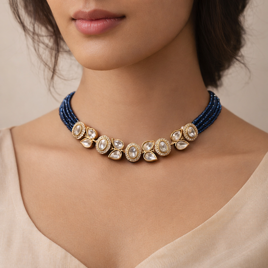 Neelvalli Polki Necklace Set | Blue Bead Polki Wedding Jewelry