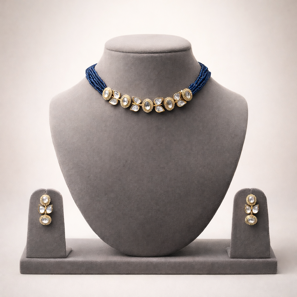 Neelvalli Polki Necklace Set | Blue Bead Polki Wedding Jewelry
