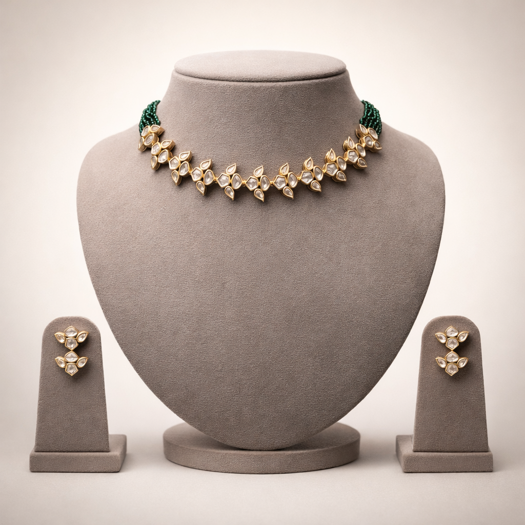 Rajvalli Polki Necklace Set | Elegant Leaf Polki Wedding Jewelry