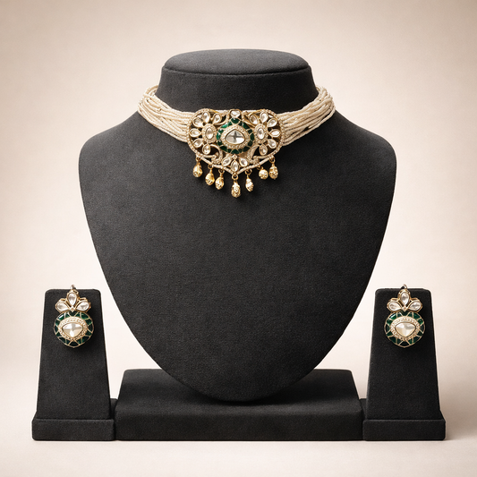 Maharani Pearl Polki Choker Necklace Set | Bridal Wedding Jewelry