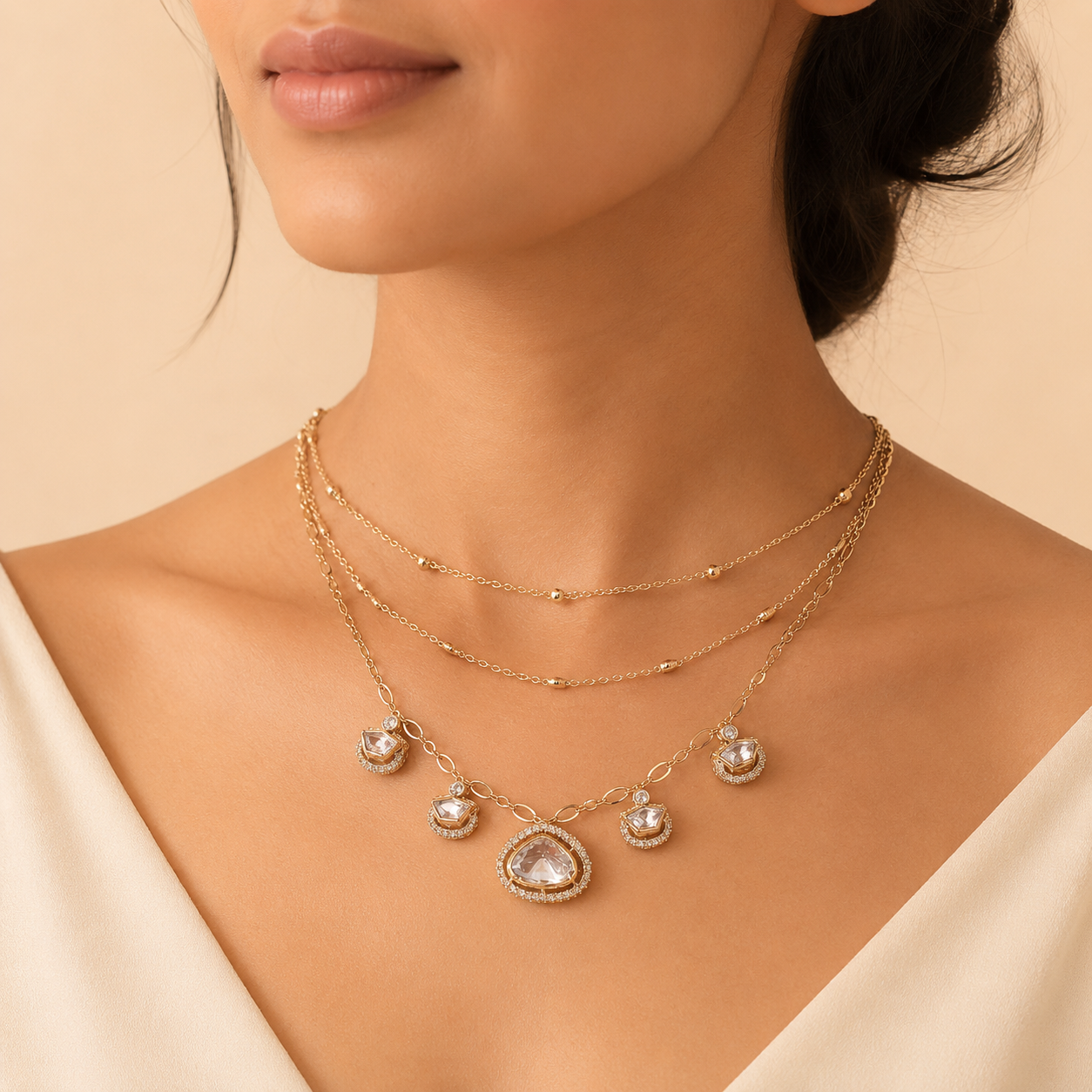 Azira Layered Polki Necklace Set with Matching Earrings | Gold Finish Designer Jewellery | Atal Jain Designs