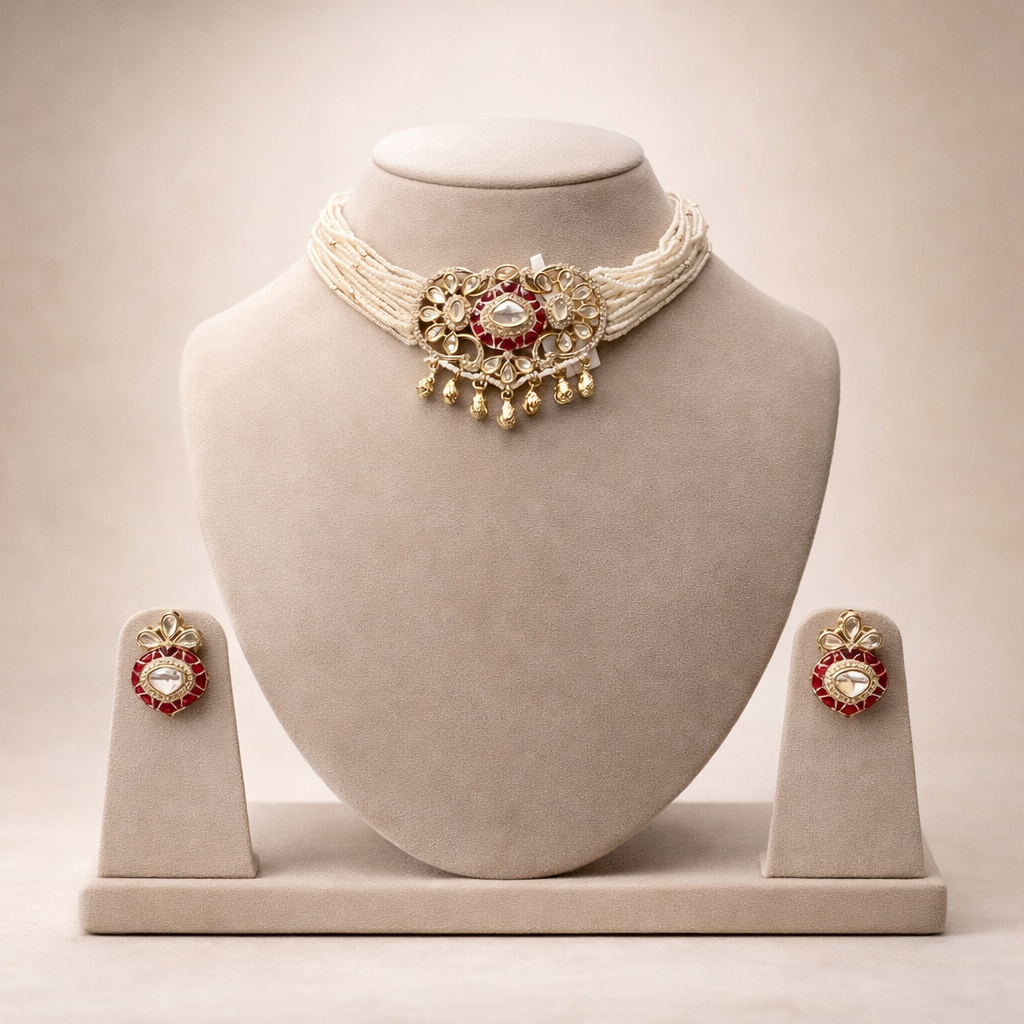 Maharani Pearl Polki Choker Necklace Set | Bridal Wedding Jewelry