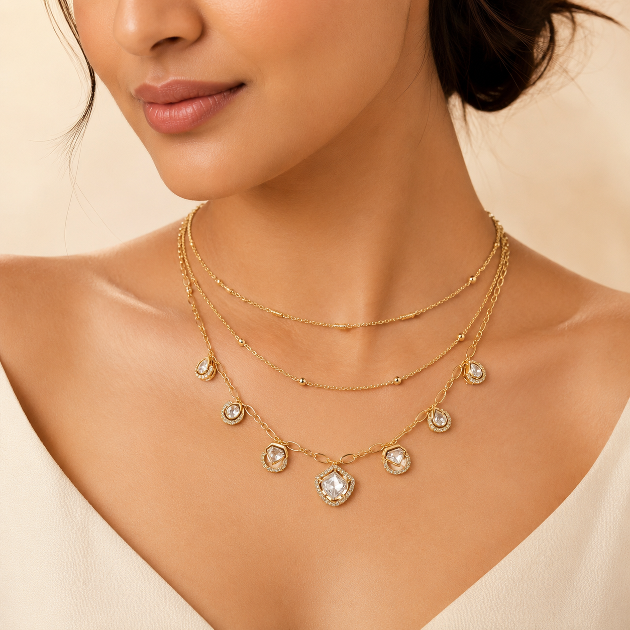 Kiara Layered Polki Necklace Set with Matching Stud Earrings | Gold Finish Statement Jewellery | Atal Jain Designs