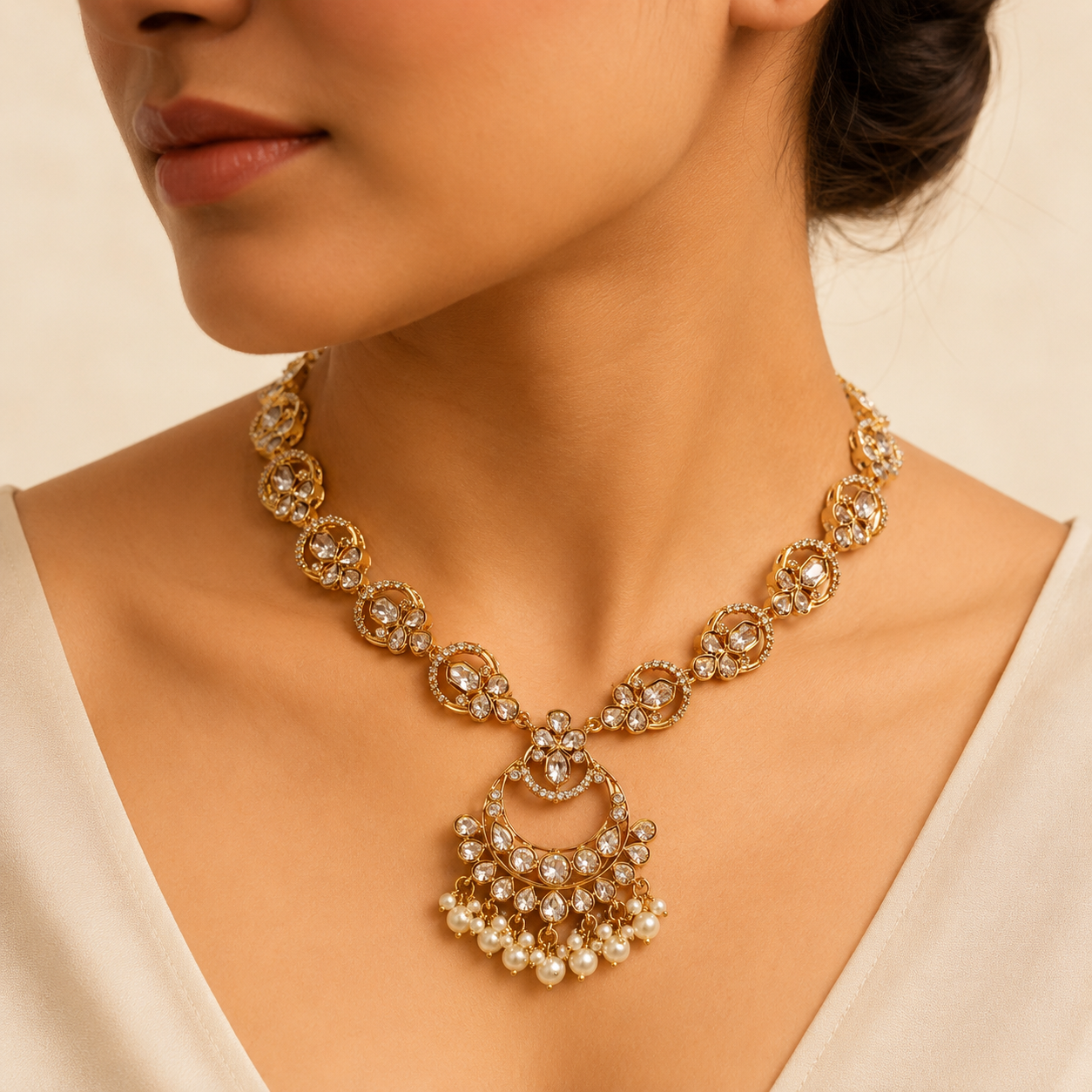 Zareen Pearl Polki Necklace Set – Gold Plated Kundan Polki Bridal Jewelry Set with Pearl Drops | Atal Jain Designs