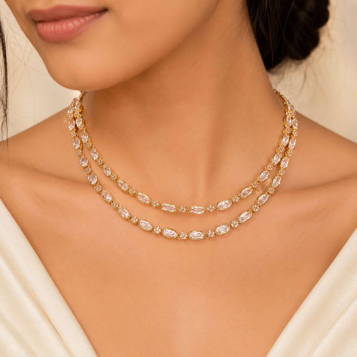 Aurelia Dual Layer Polki Necklace Set – Gold Plated Minimal Polki Jewelry Set with Floral Stud Earrings | Atal Jain Designs