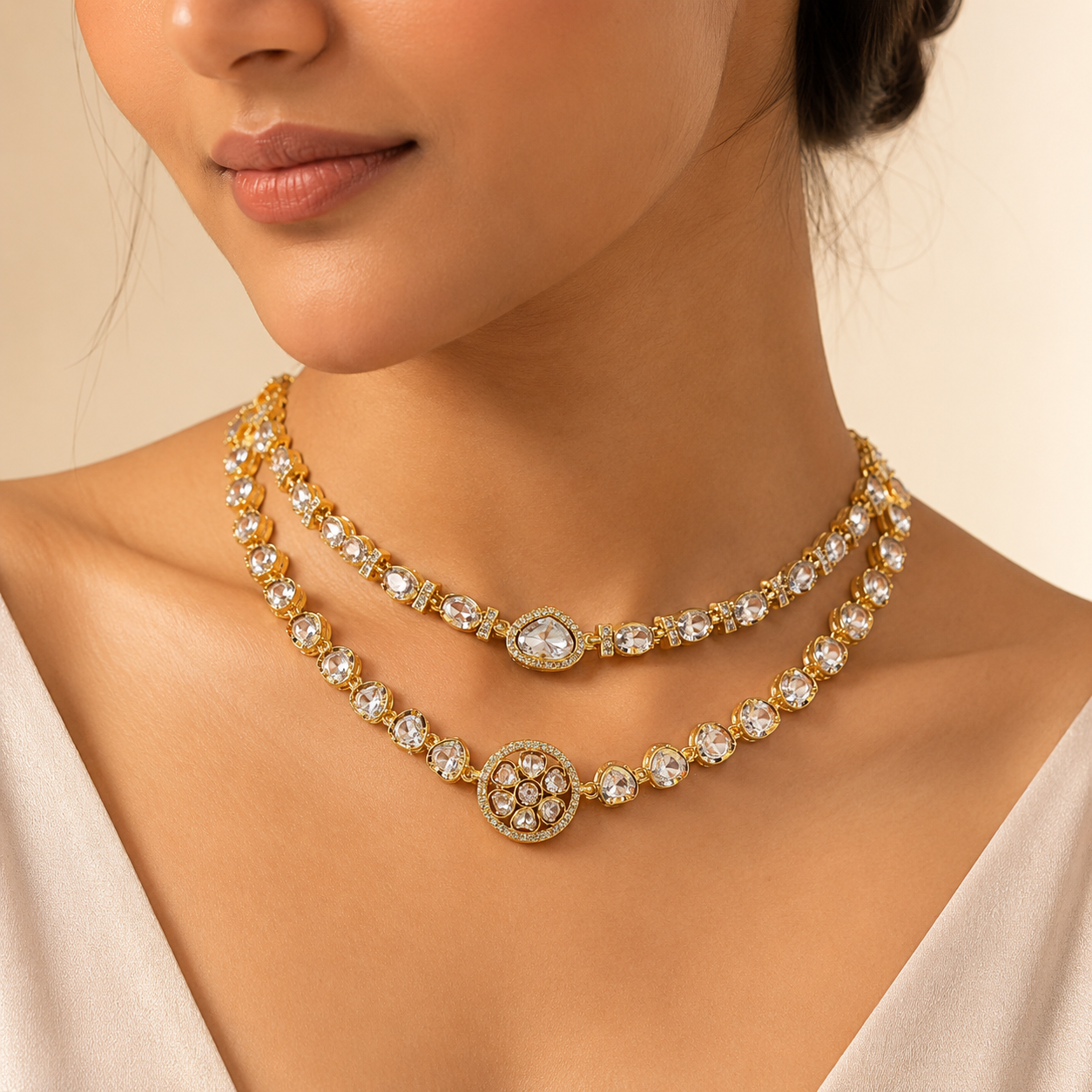Elowen Twin Layer Polki Necklace Set – Gold Plated Layered Polki Jewelry Set with Matching Earrings | Atal Jain Designs