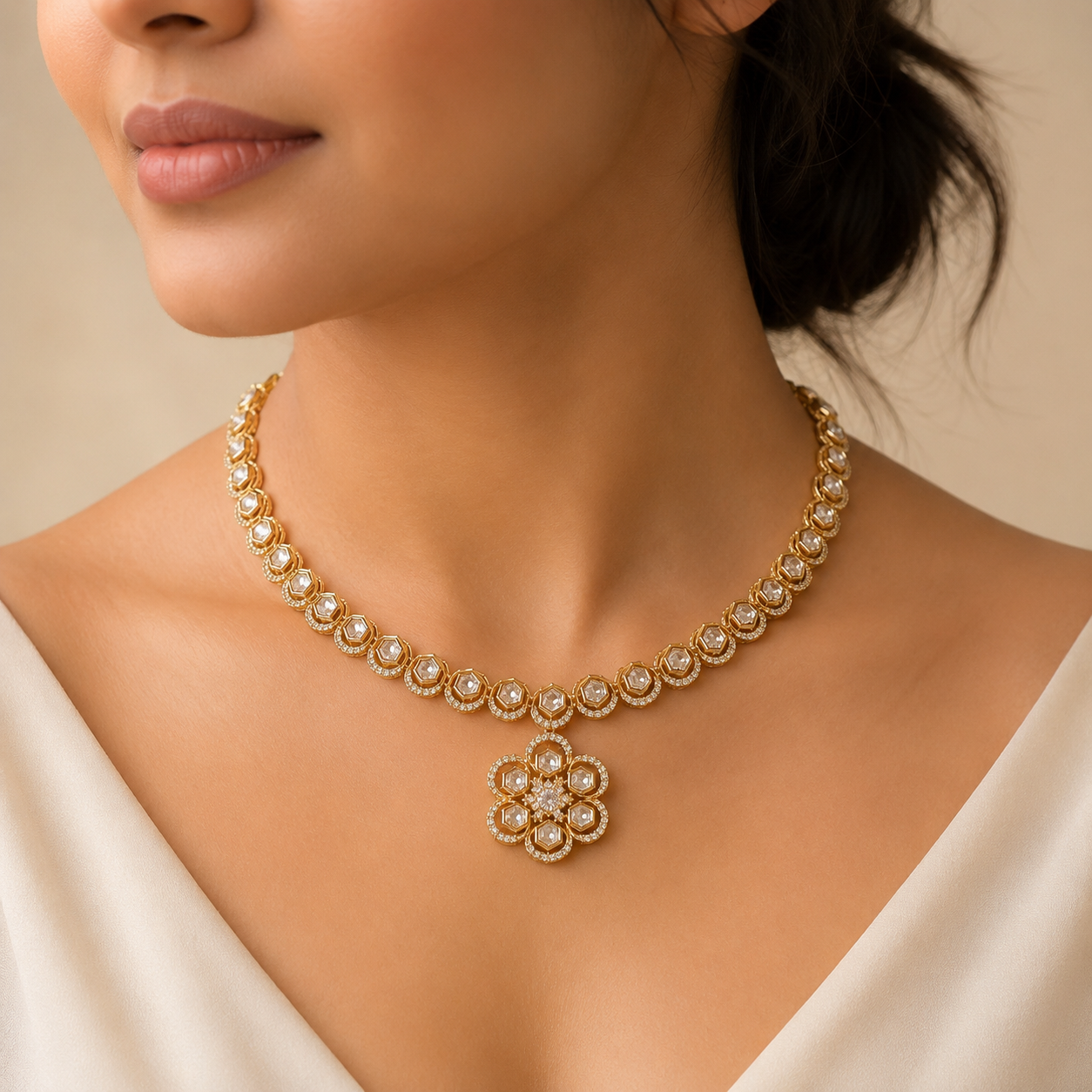 Ruhani Floral Necklace Set – Gold Plated Polki Pendant Necklace with Matching Earrings | Atal Jain Designs