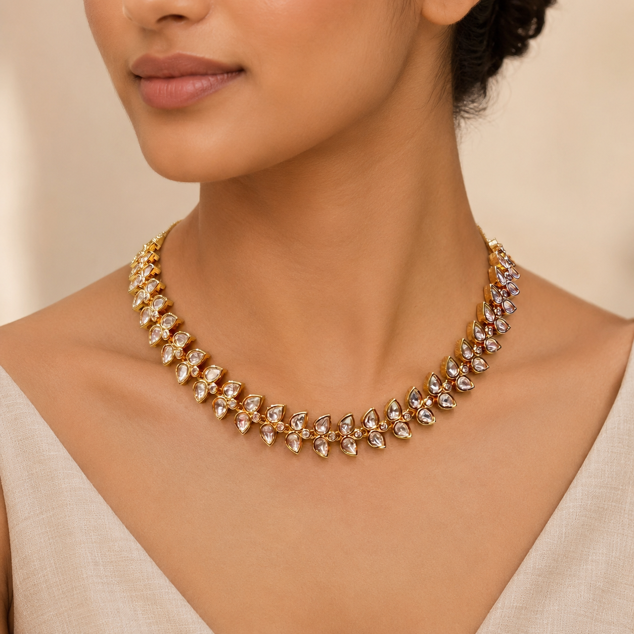 Zaria Leaf Polki Necklace Set – Gold Plated Leaf Design Polki Necklace with Matching Earrings | Atal Jain Designs