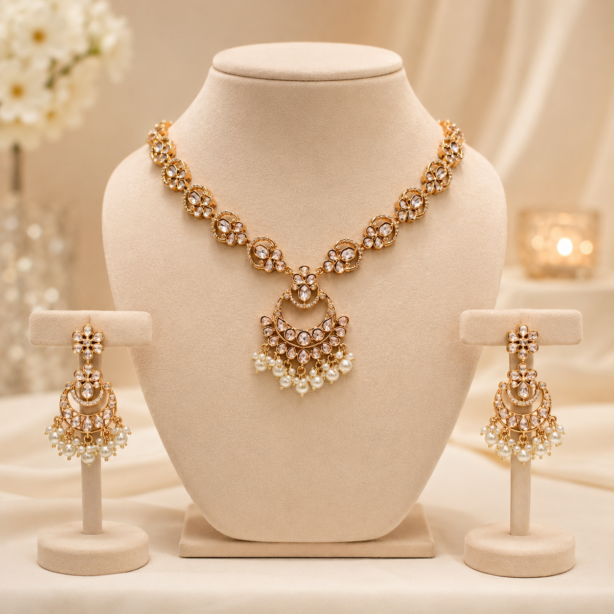Zareen Pearl Polki Necklace Set – Gold Plated Kundan Polki Bridal Jewelry Set with Pearl Drops | Atal Jain Designs