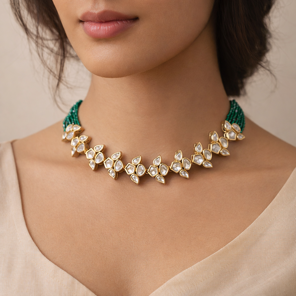 Rajvalli Polki Necklace Set | Elegant Leaf Polki Wedding Jewelry