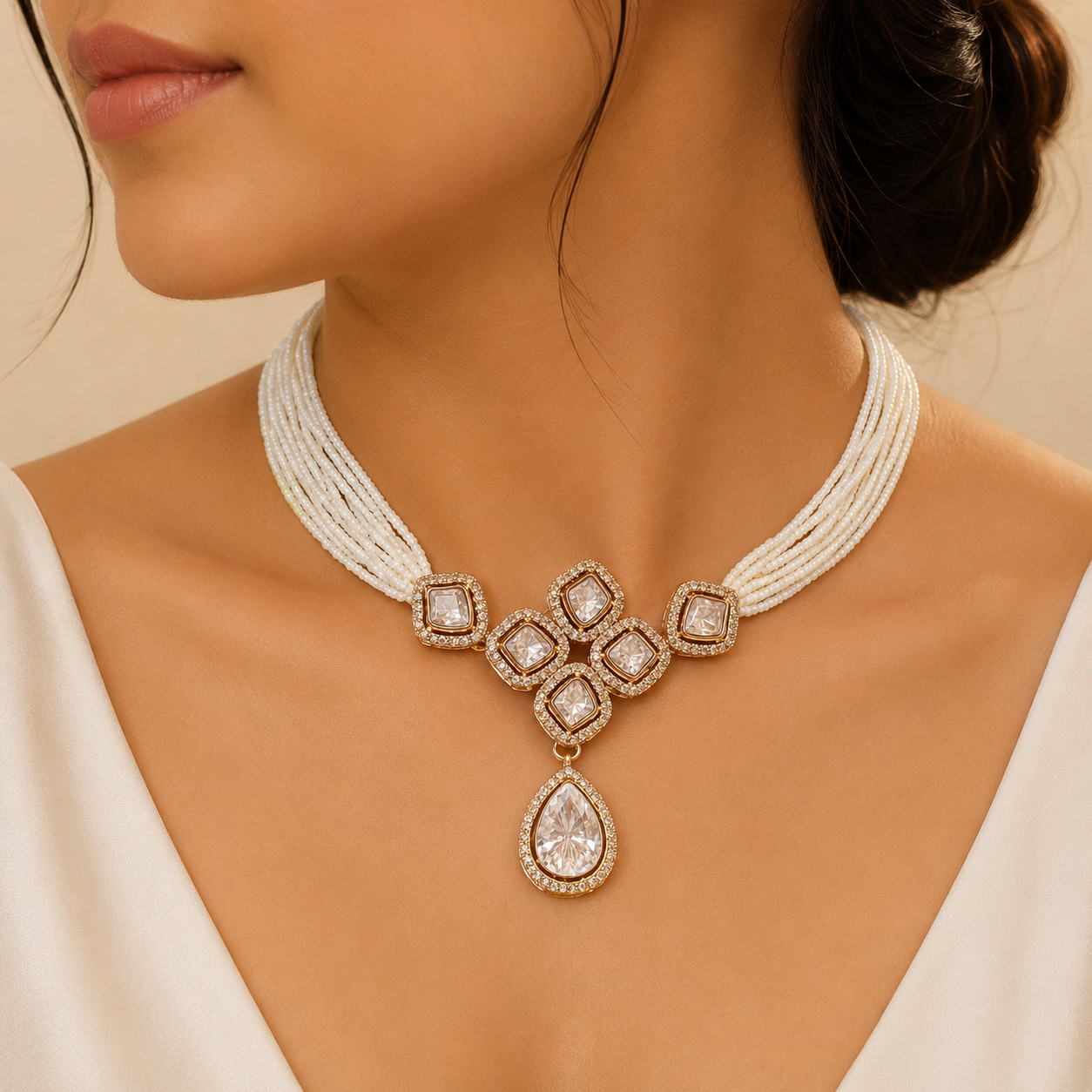 Elara Pearl Necklace Set – Multi Strand Pearl Necklace with Polki Pendant & Matching Earrings | Atal Jain Designs