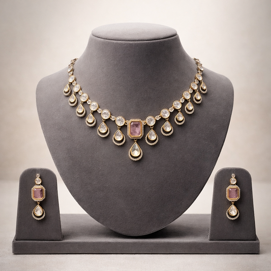 Rosé Noor Polki Necklace Set – Elegant Uncut Polki Necklace with Blush Stone