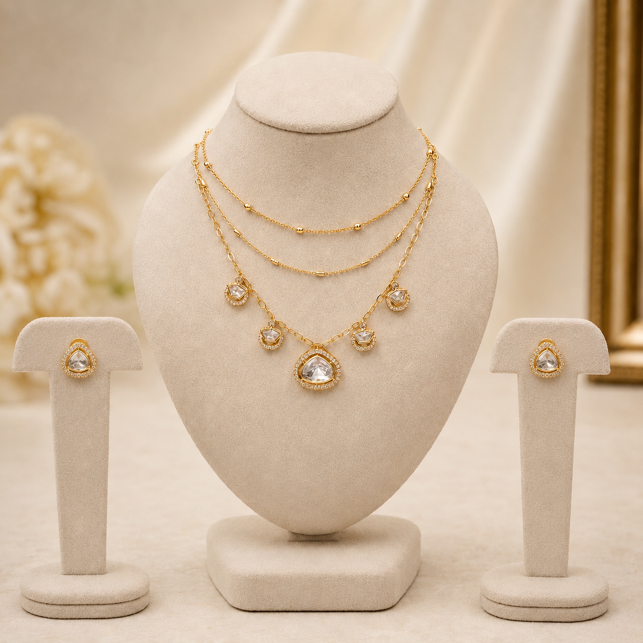 Azira Layered Polki Necklace Set with Matching Earrings | Gold Finish Designer Jewellery | Atal Jain Designs