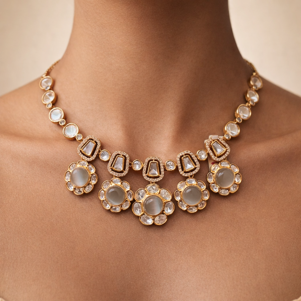 Chandrika Polki Floral Drop Necklace | Luxury Indian Wedding Jewelry