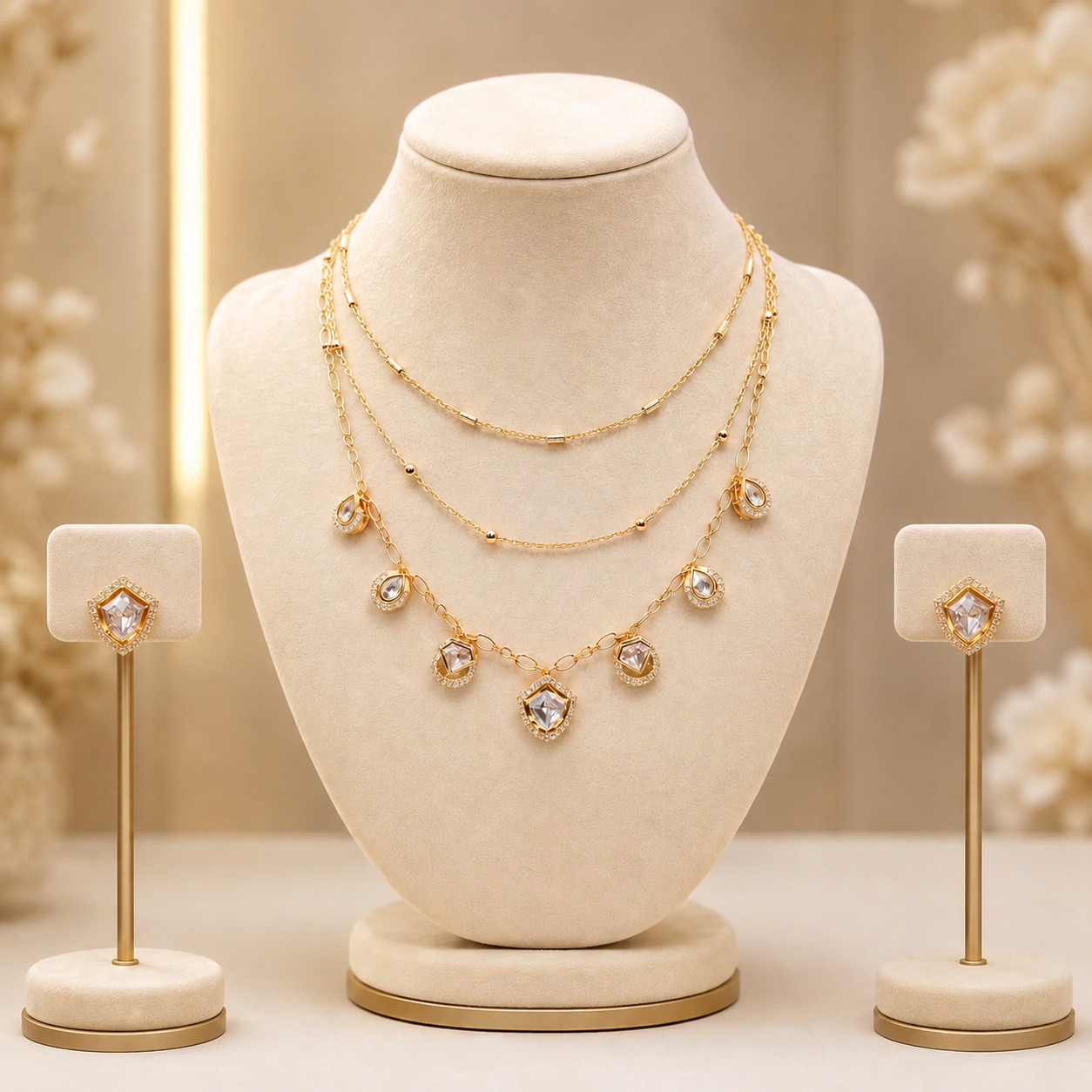 Kiara Layered Polki Necklace Set with Matching Stud Earrings | Gold Finish Statement Jewellery | Atal Jain Designs