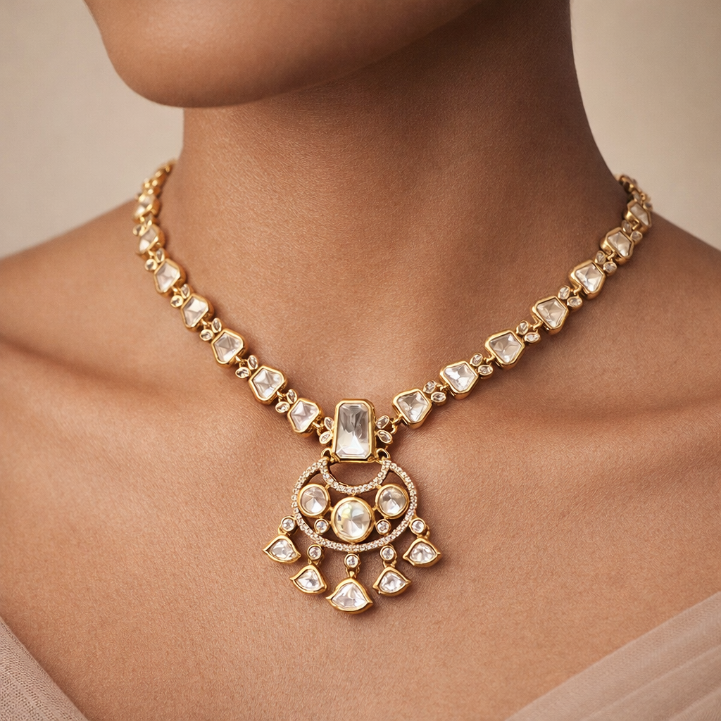 Rajsi Polki Chand Pendant Necklace Set | Luxury Indian Wedding Jewelry