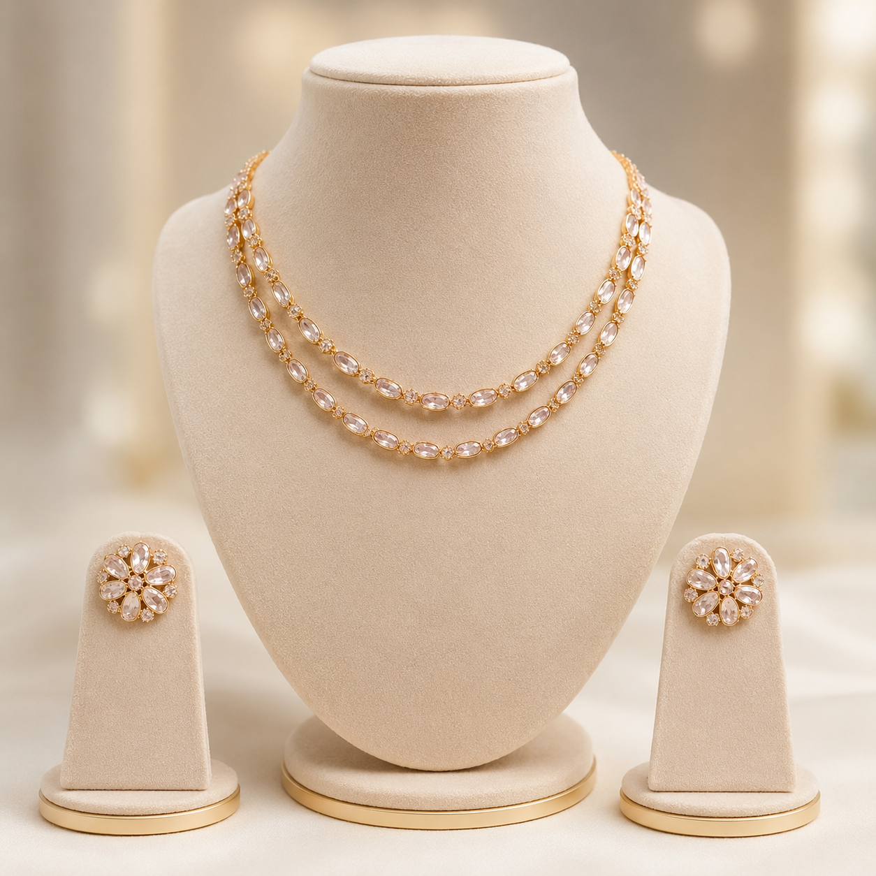 Aurelia Dual Layer Polki Necklace Set – Gold Plated Minimal Polki Jewelry Set with Floral Stud Earrings | Atal Jain Designs