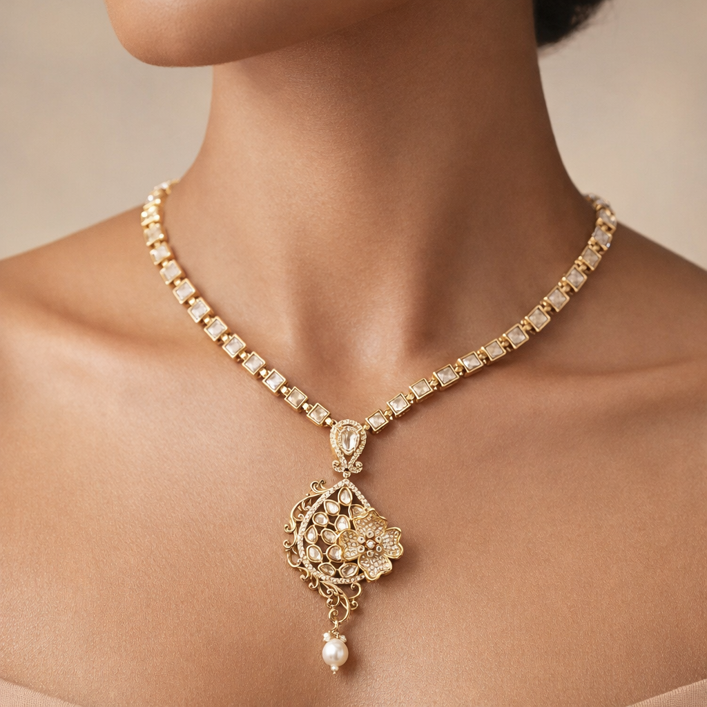 Floral Polki Pendant Necklace | Luxury Indian Wedding Jewelry