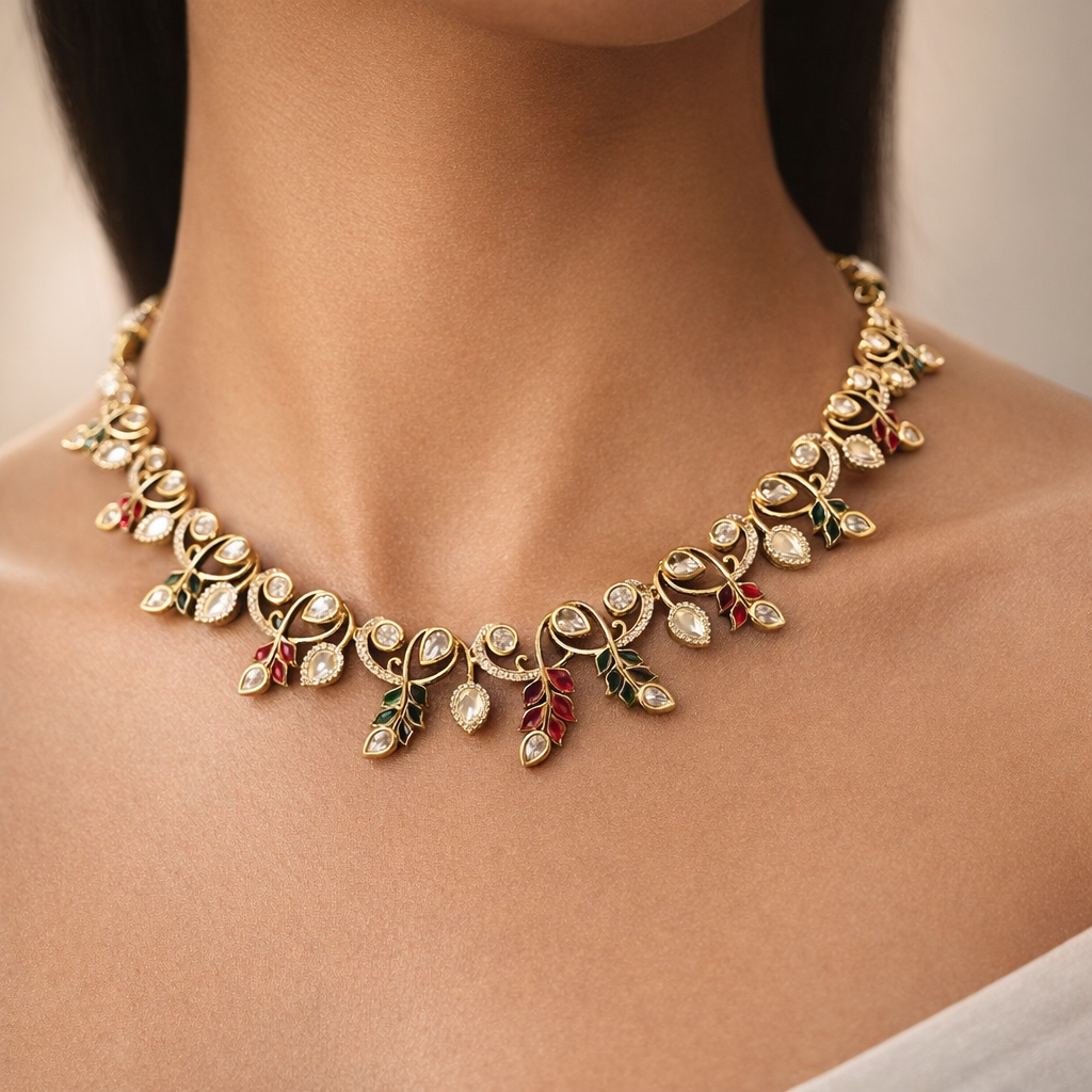 Autumn Vine Polki Necklace Set | Elegant Uncut Polki Jewelry