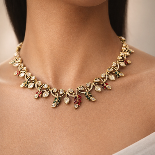 Autumn Vine Polki Necklace Set | Elegant Uncut Polki Jewelry