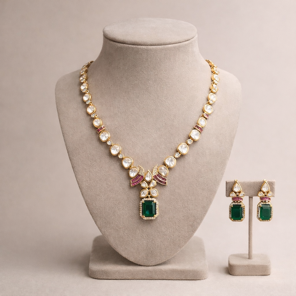 Emerald Drop Polki Necklace – Luxury Uncut Polki Bridal Necklace