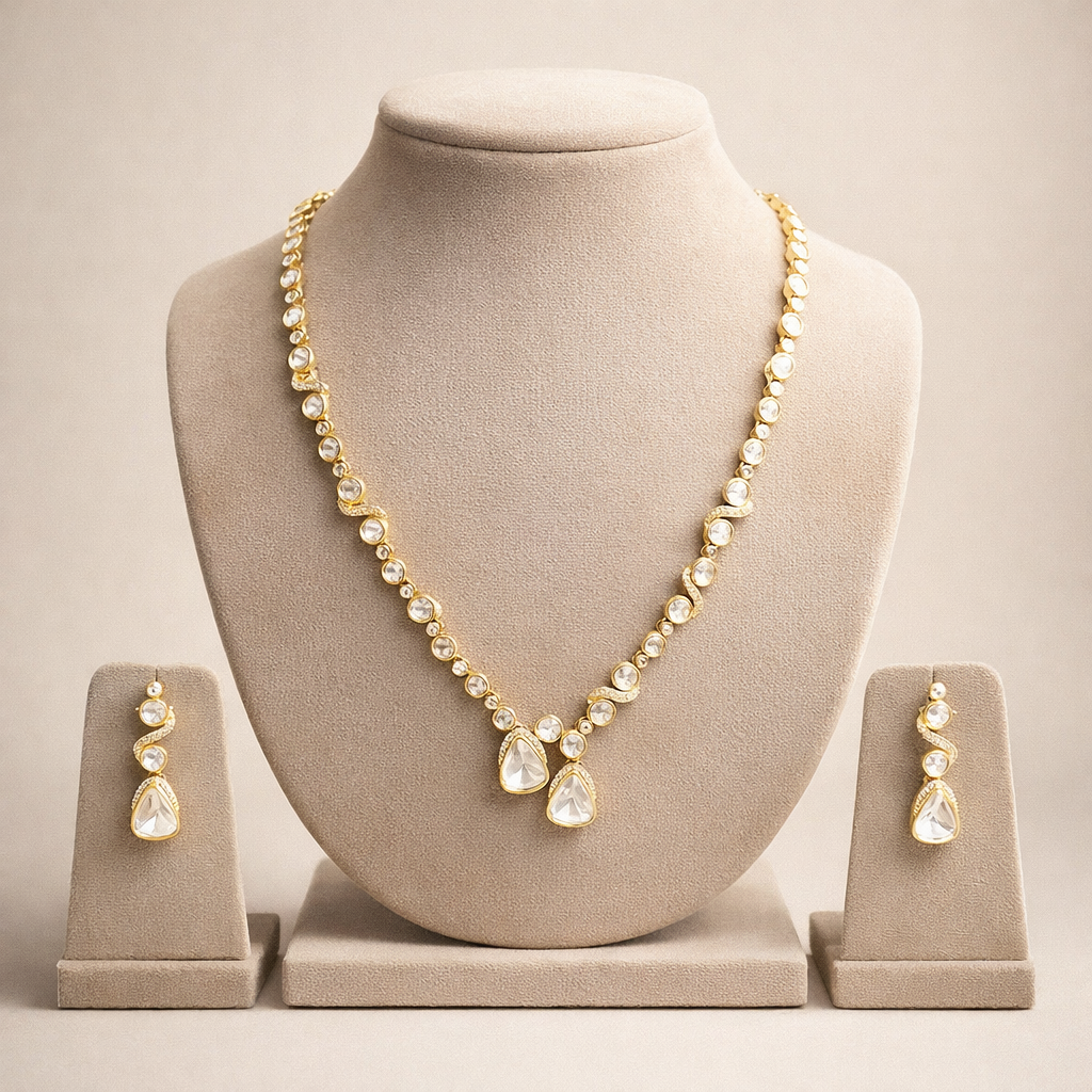 Aarohi Polki Double Drop Necklace – Elegant Gold Tone Festive Jewelry