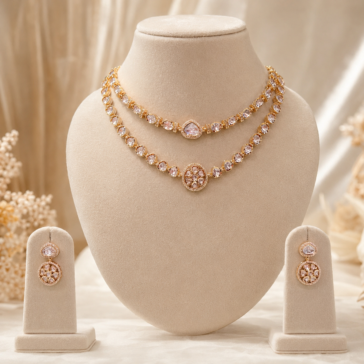 Elowen Twin Layer Polki Necklace Set – Gold Plated Layered Polki Jewelry Set with Matching Earrings | Atal Jain Designs