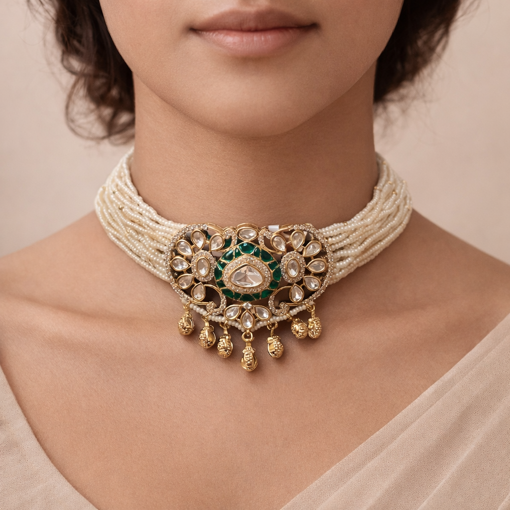 Maharani Pearl Polki Choker Necklace Set | Bridal Wedding Jewelry