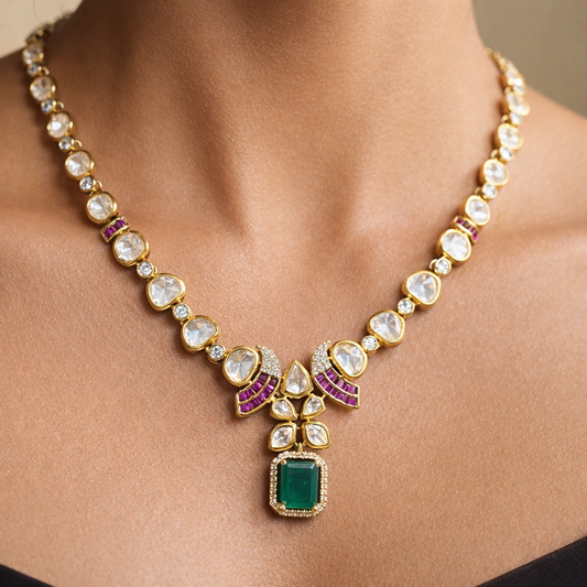 Emerald Drop Polki Necklace – Luxury Uncut Polki Bridal Necklace