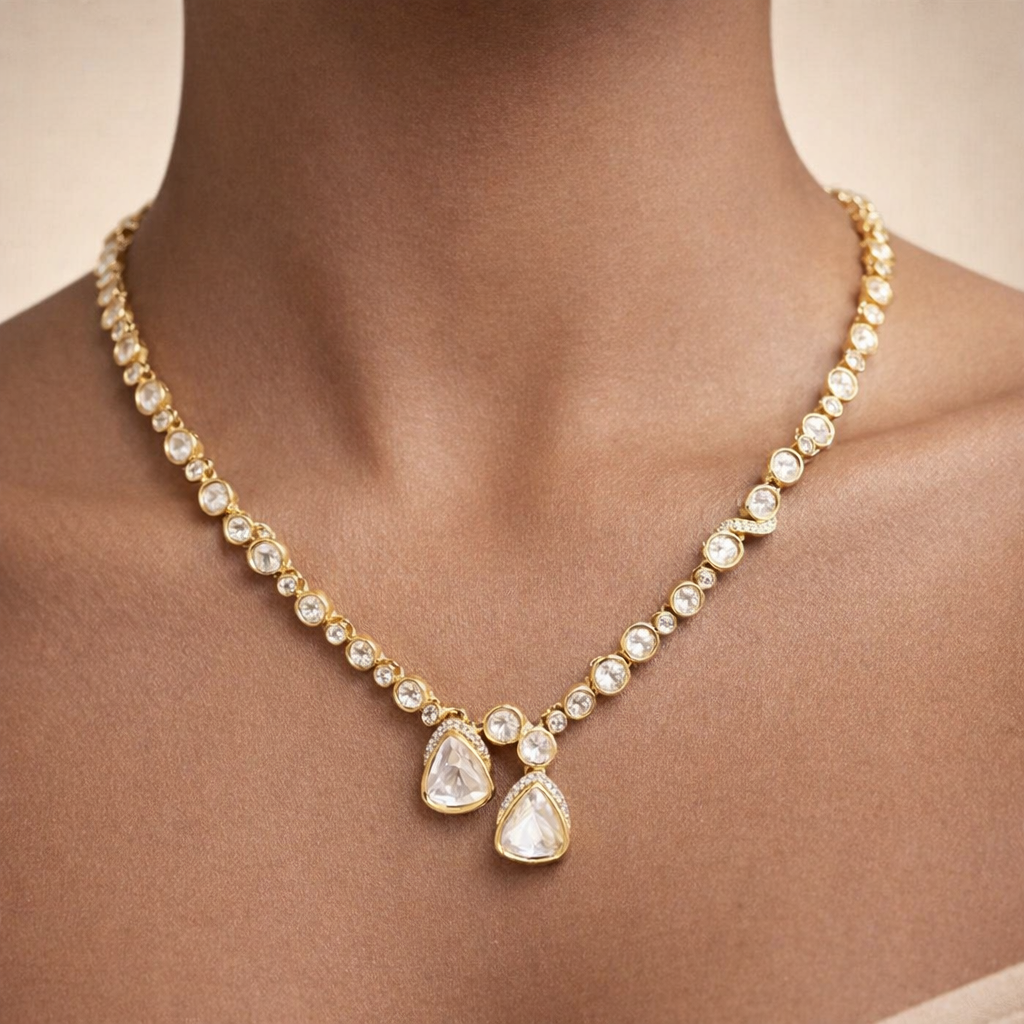 Aarohi Polki Double Drop Necklace – Elegant Gold Tone Festive Jewelry