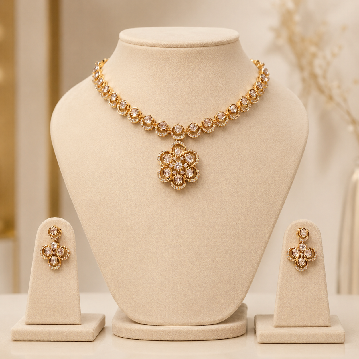 Ruhani Floral Necklace Set – Gold Plated Polki Pendant Necklace with Matching Earrings | Atal Jain Designs