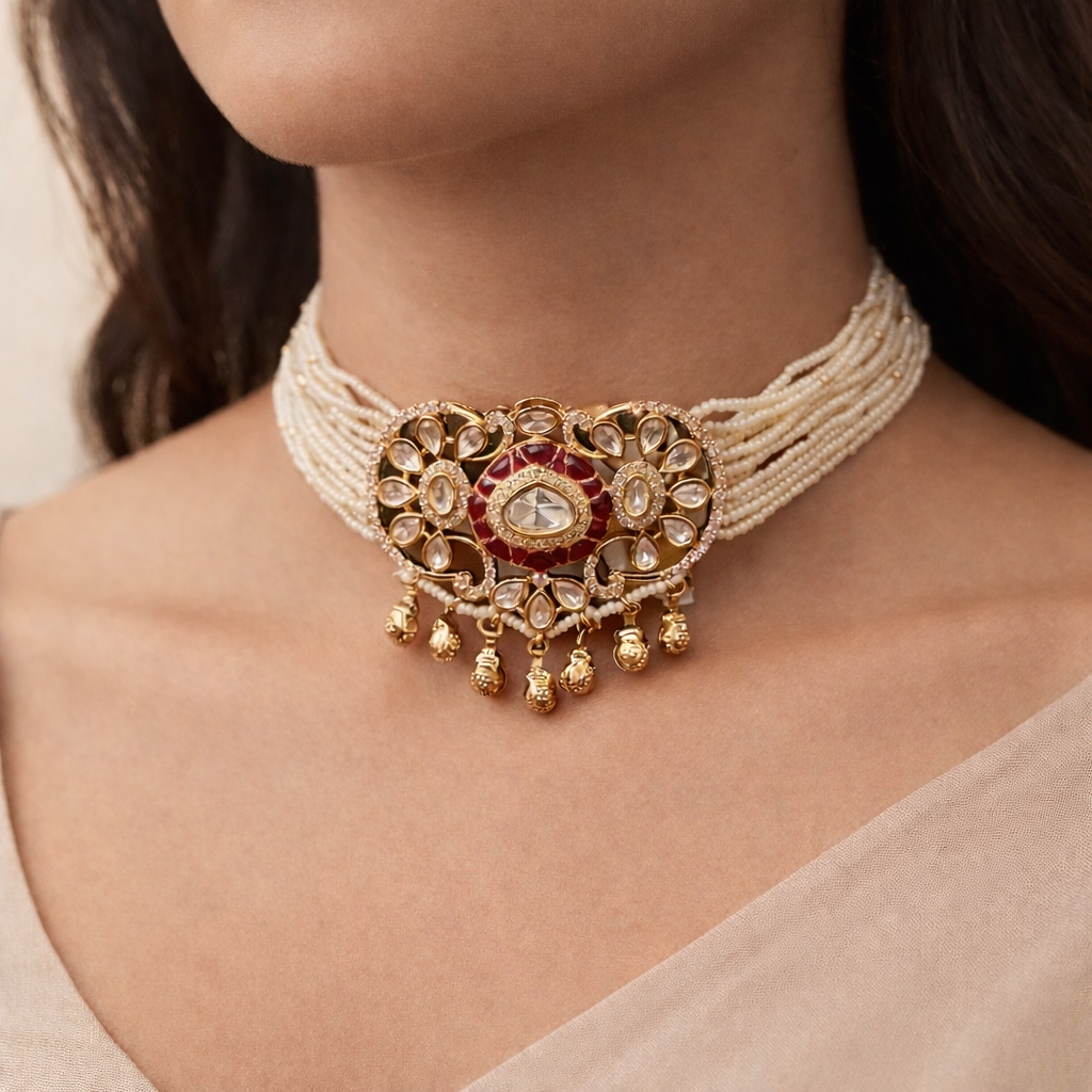 Maharani Pearl Polki Choker Necklace Set | Bridal Wedding Jewelry