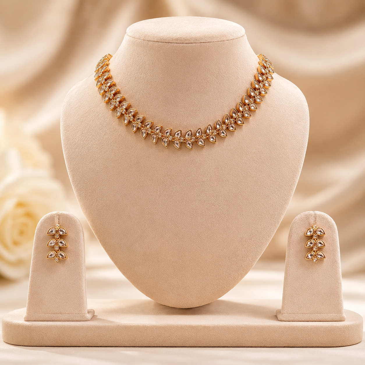 Zaria Leaf Polki Necklace Set – Gold Plated Leaf Design Polki Necklace with Matching Earrings | Atal Jain Designs