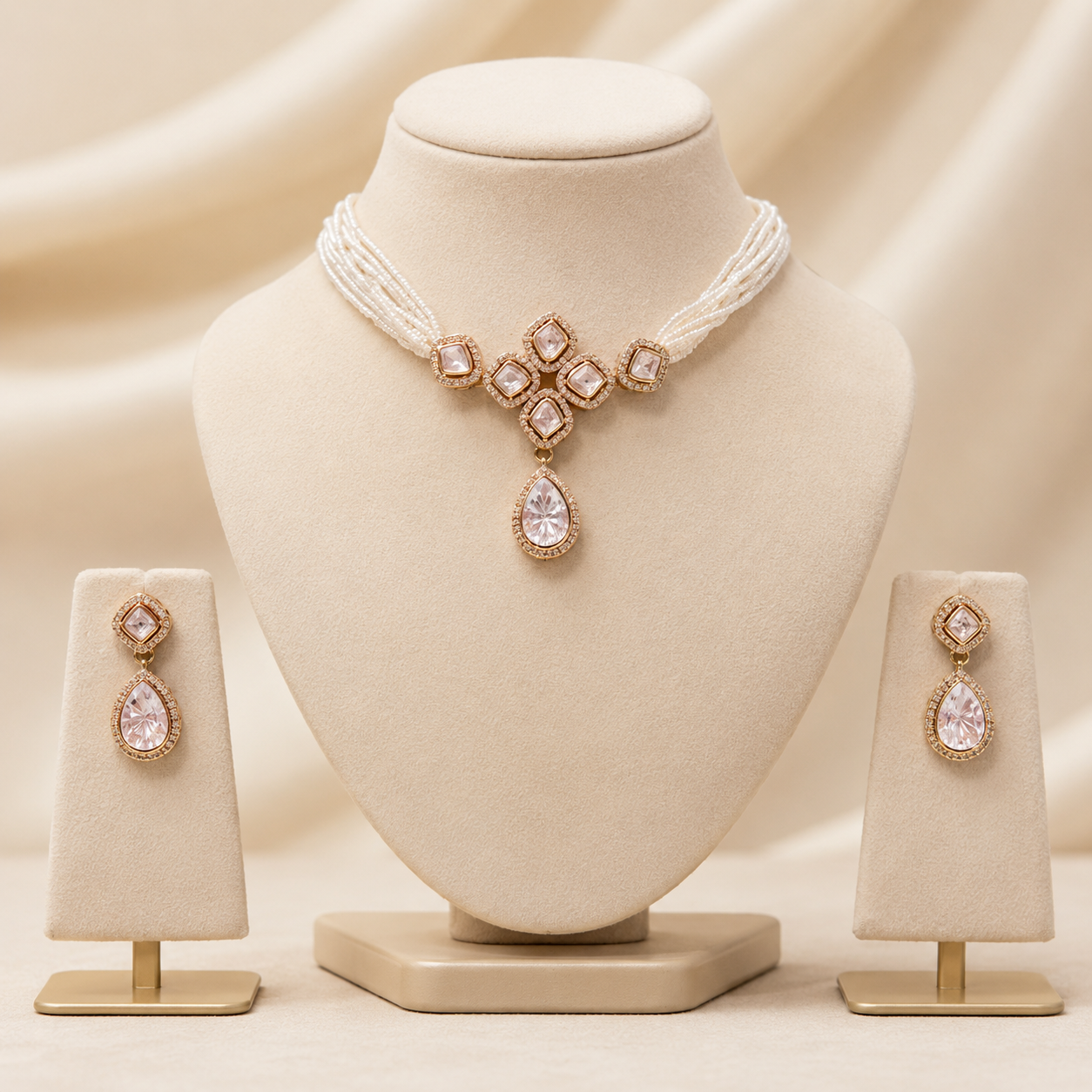 Elara Pearl Necklace Set – Multi Strand Pearl Necklace with Polki Pendant & Matching Earrings | Atal Jain Designs