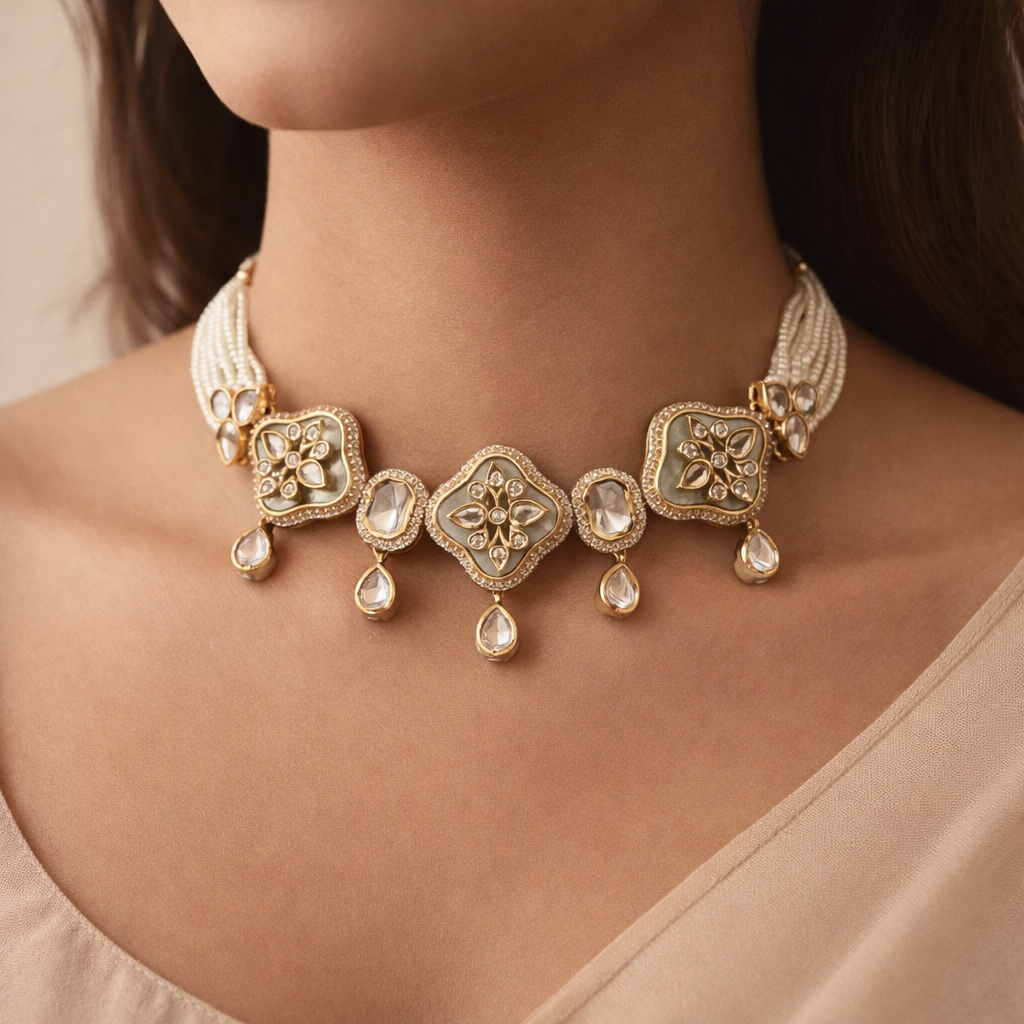 Rajvanshi Floral Polki Choker Set | Bridal Wedding Jewelry