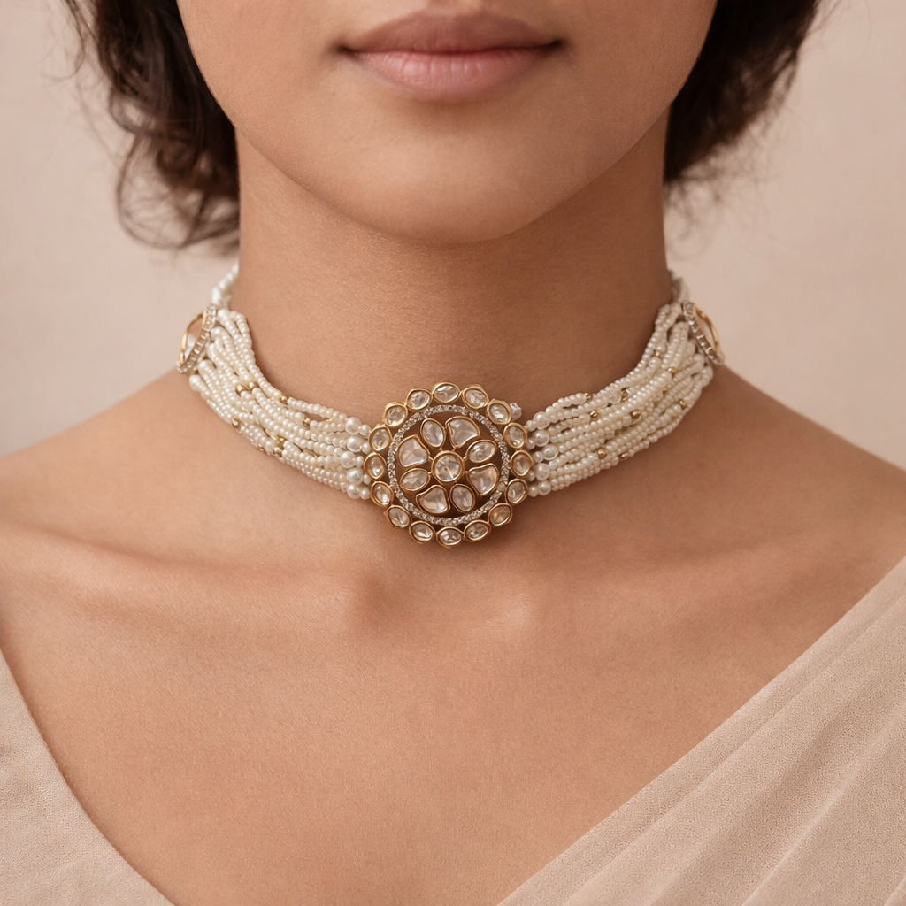 Gulnaar Polki Pearl Choker Set | Luxury Indian Wedding Jewelry