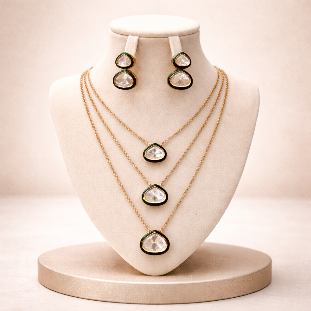 Triveni Enamel Polki Layered Pendant Set | Elegant Triple Layer Polki Necklace