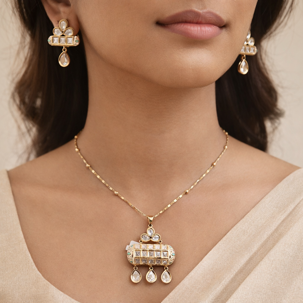Rajtilak Polki Drop Pendant Set | Traditional Polki Jewelry