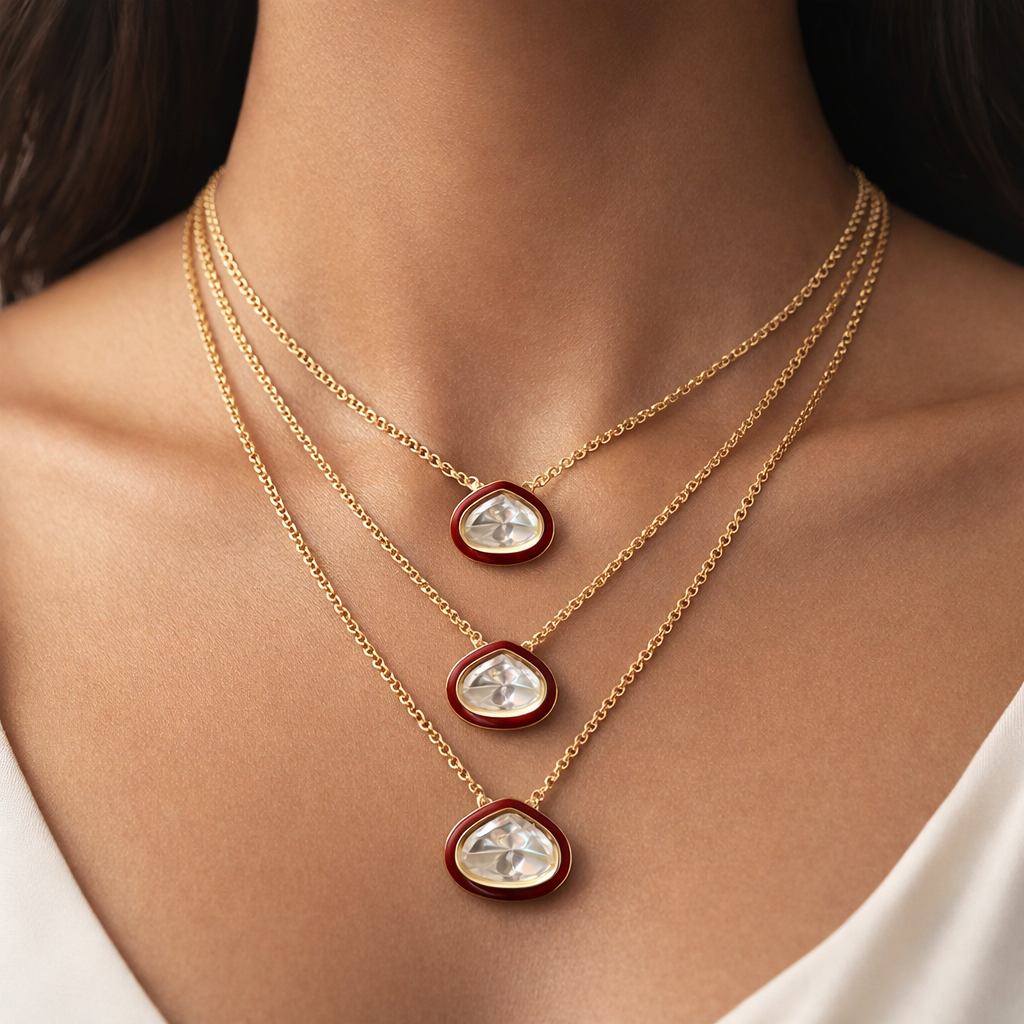 Triveni Enamel Polki Layered Pendant Set | Elegant Triple Layer Polki Necklace