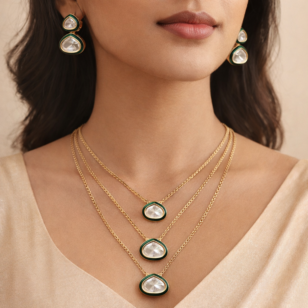 Triveni Enamel Polki Layered Pendant Set | Elegant Triple Layer Polki Necklace