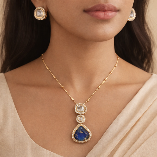 Neelratna Polki Blue Drop Pendant Set | Elegant Polki Jewelry
