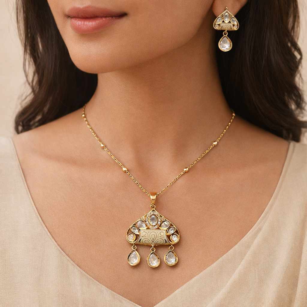 Noor Mahal Polki Drop Pendant Set | Traditional Polki Jewelry