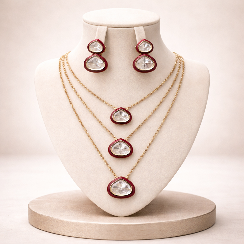 Triveni Enamel Polki Layered Pendant Set | Elegant Triple Layer Polki Necklace